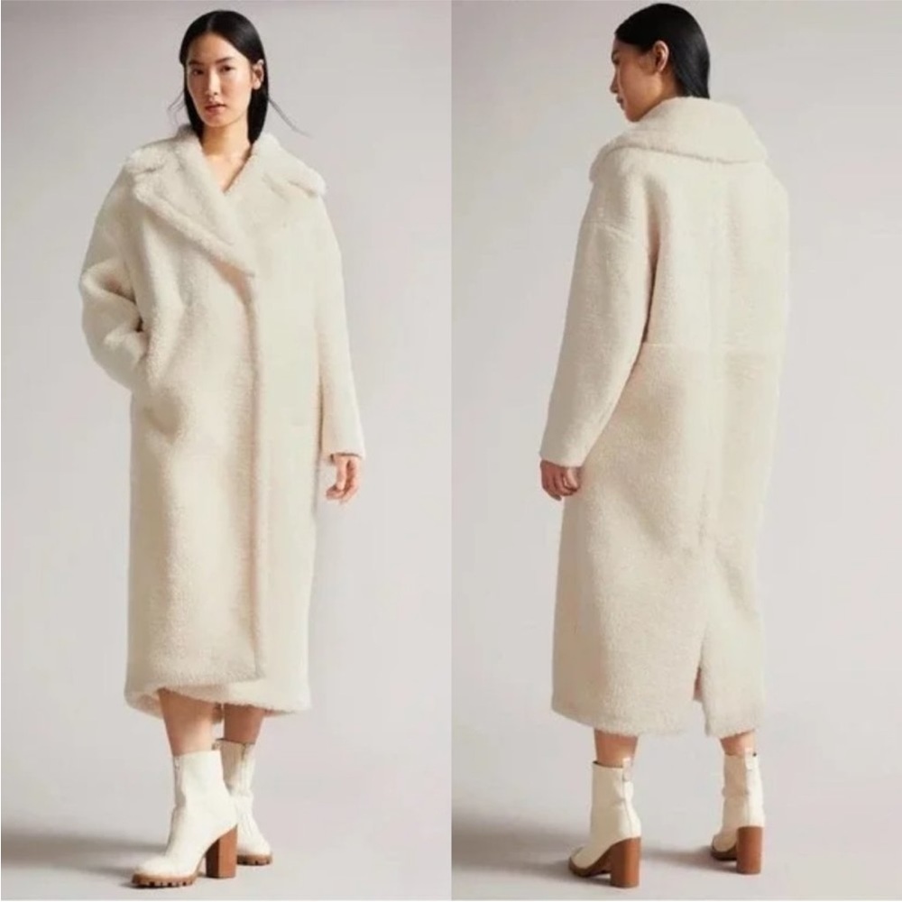 NEW Ted Baker Emiliyy Mixed Fabric Faux Fur Cocoon Coat Ivory White Size 6